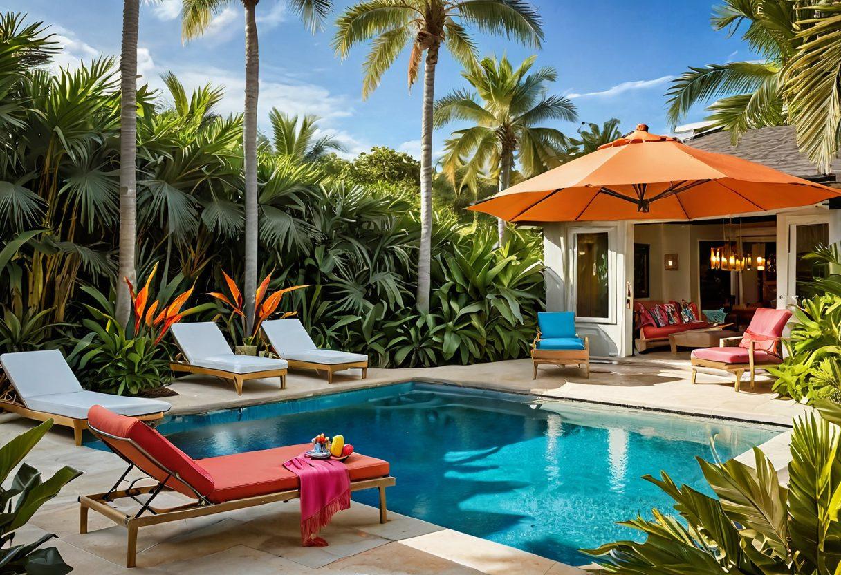 A vibrant tropical setting with an array of colorful swimwear hanging on a clothesline, surrounded by lush palm trees and a sparkling blue pool. Include a chic lounge chair, accessorized with a stylish sunhat and a refreshing cocktail nearby. The sun is setting, casting warm golden hues across the scene. Captivate the spirit of summer and luxury. super-realistic. vibrant colors. tropical theme.