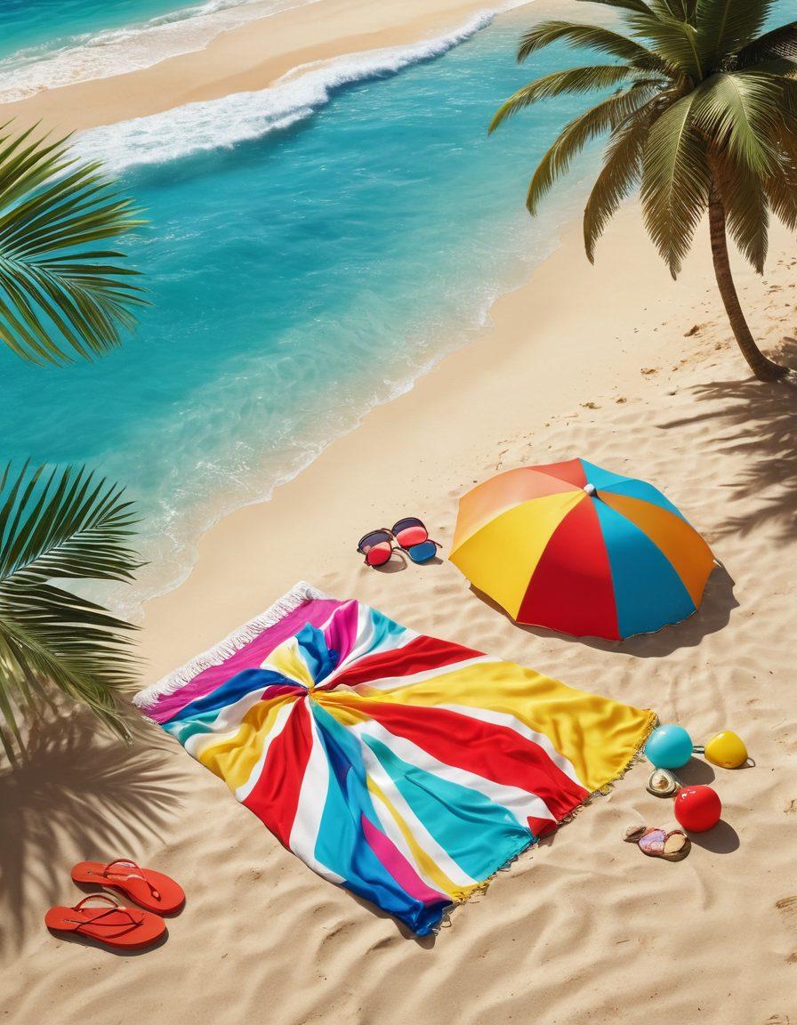 A sun-soaked beach scene showcasing an array of stylish beachwear essentials, including vibrant swimsuits, chic cover-ups, trendy sun hats, and colorful beach towels. Include a playful beach ball and sunglasses resting on a sandy backdrop, with gentle waves and palm trees in the background. Capture the essence of summer and relaxation. vibrant colors. 3D. tropical atmosphere.